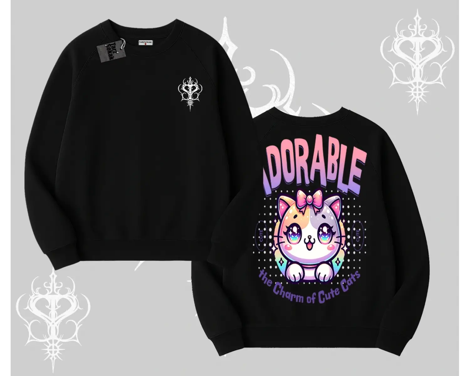 Adorable Kawaii Kedi Arka Baskılı Biskilet Sweatshirt