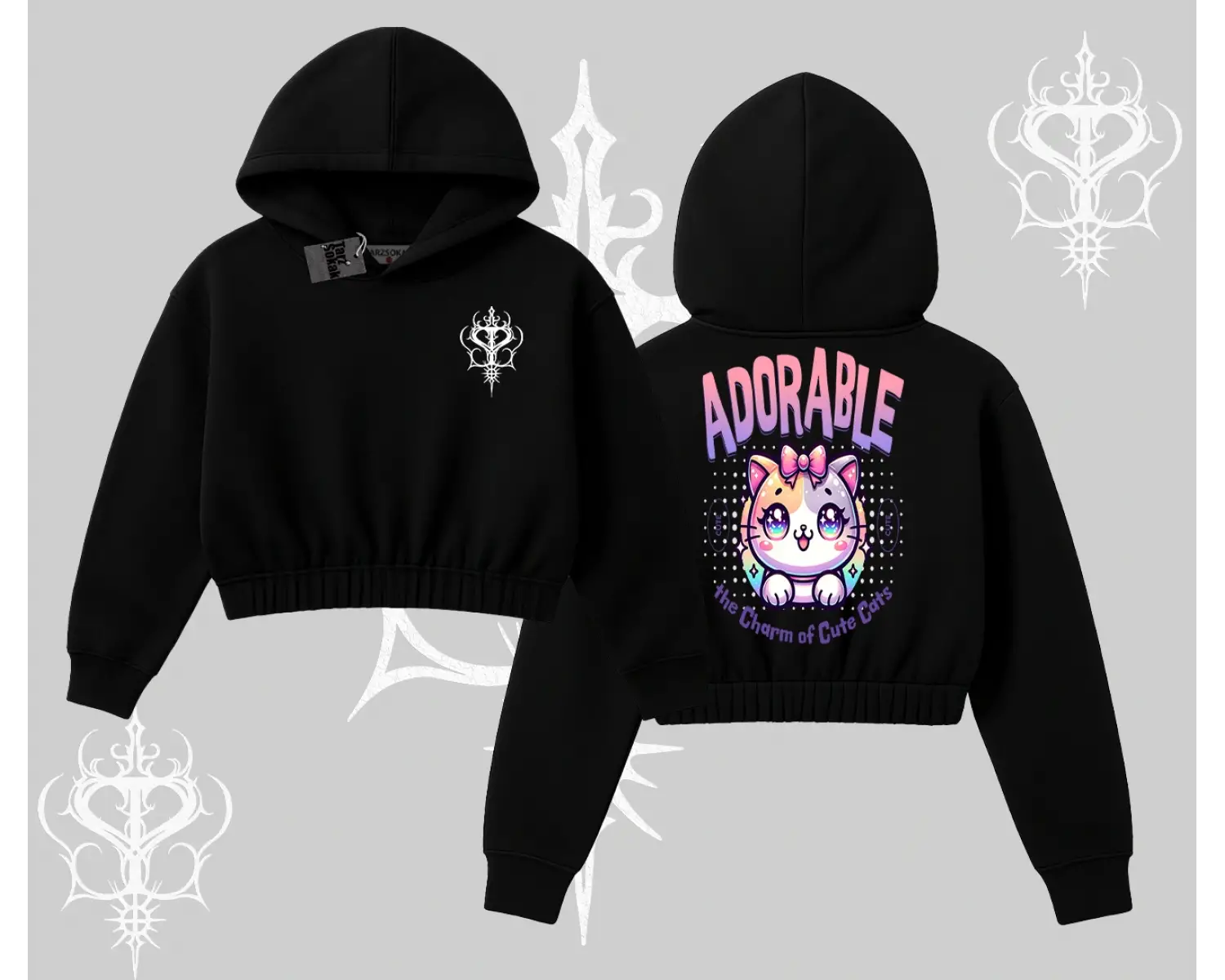 Adorable Kawaii Kedi Arka Baskılı Kapşonlu Crop Sweatshirt