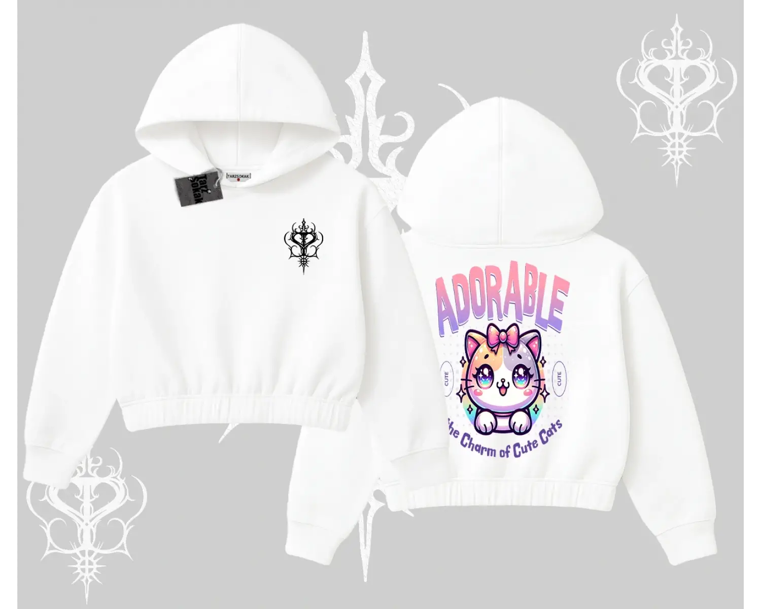 Adorable Kawaii Kedi Arka Baskılı Kapşonlu Crop Sweatshirt