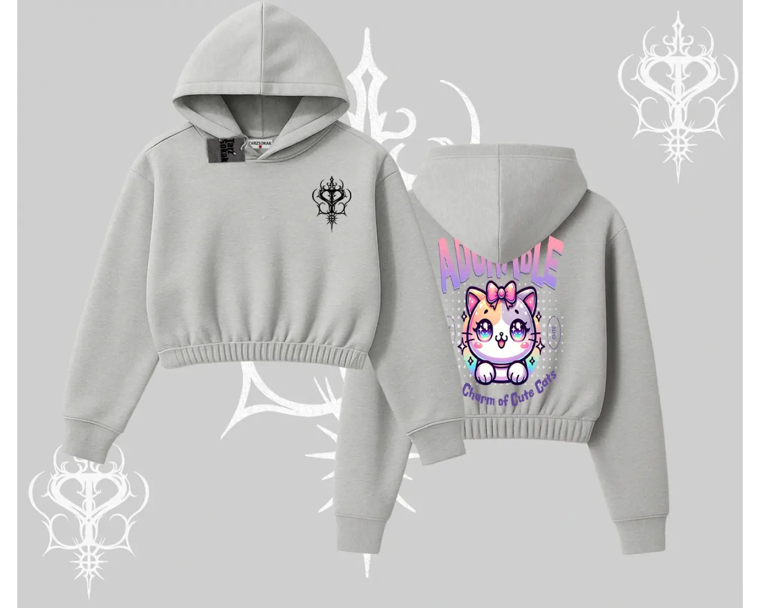 Adorable Kawaii Kedi Arka Baskılı Kapşonlu Crop Sweatshirt