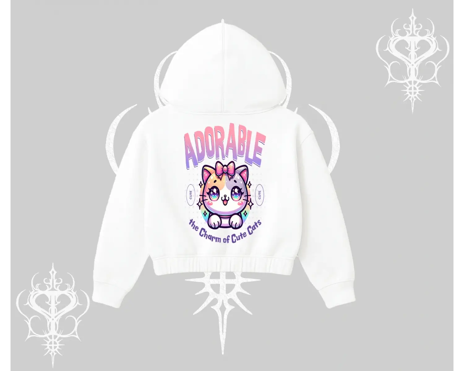Adorable Kawaii Kedi Arka Baskılı Kapşonlu Crop Sweatshirt