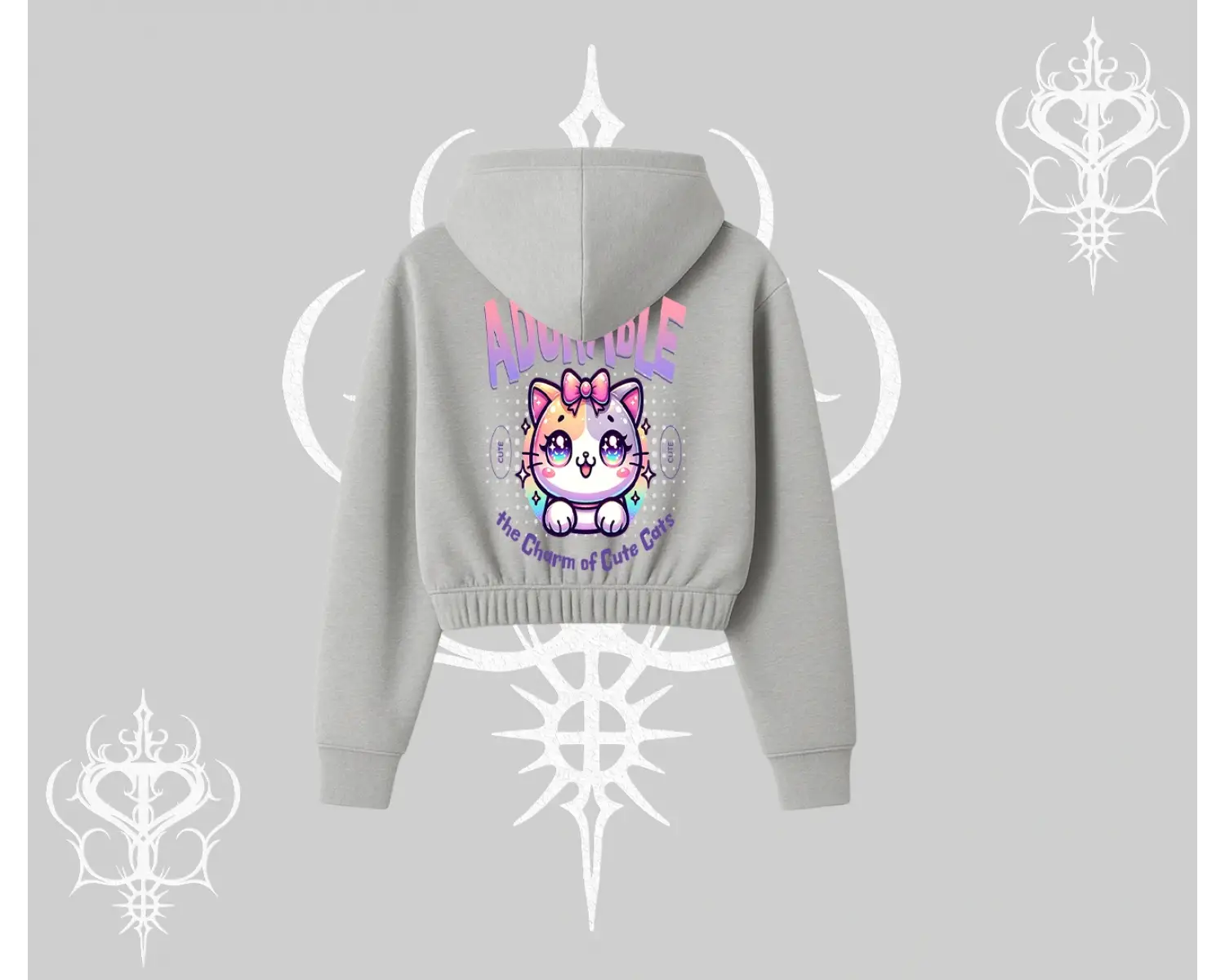 Adorable Kawaii Kedi Arka Baskılı Kapşonlu Crop Sweatshirt