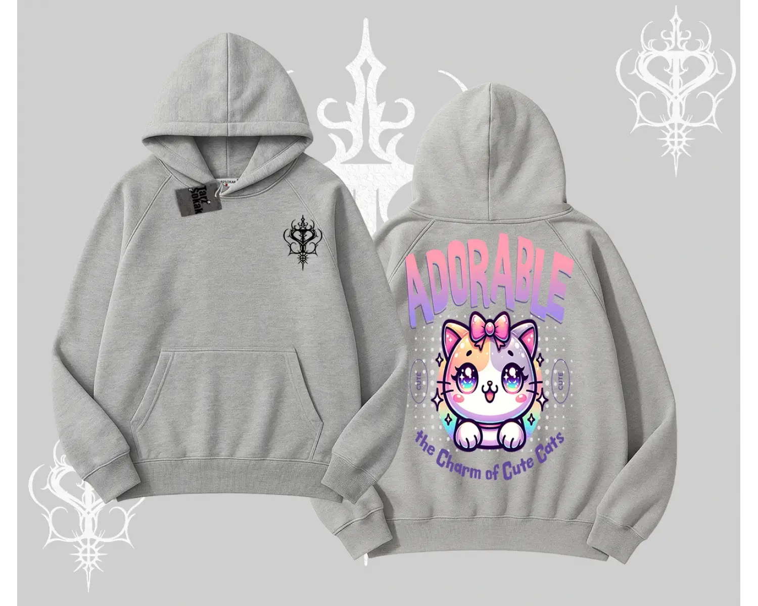 Adorable Kawaii Kedi Arka Baskılı Kapşonlu Sweatshirt