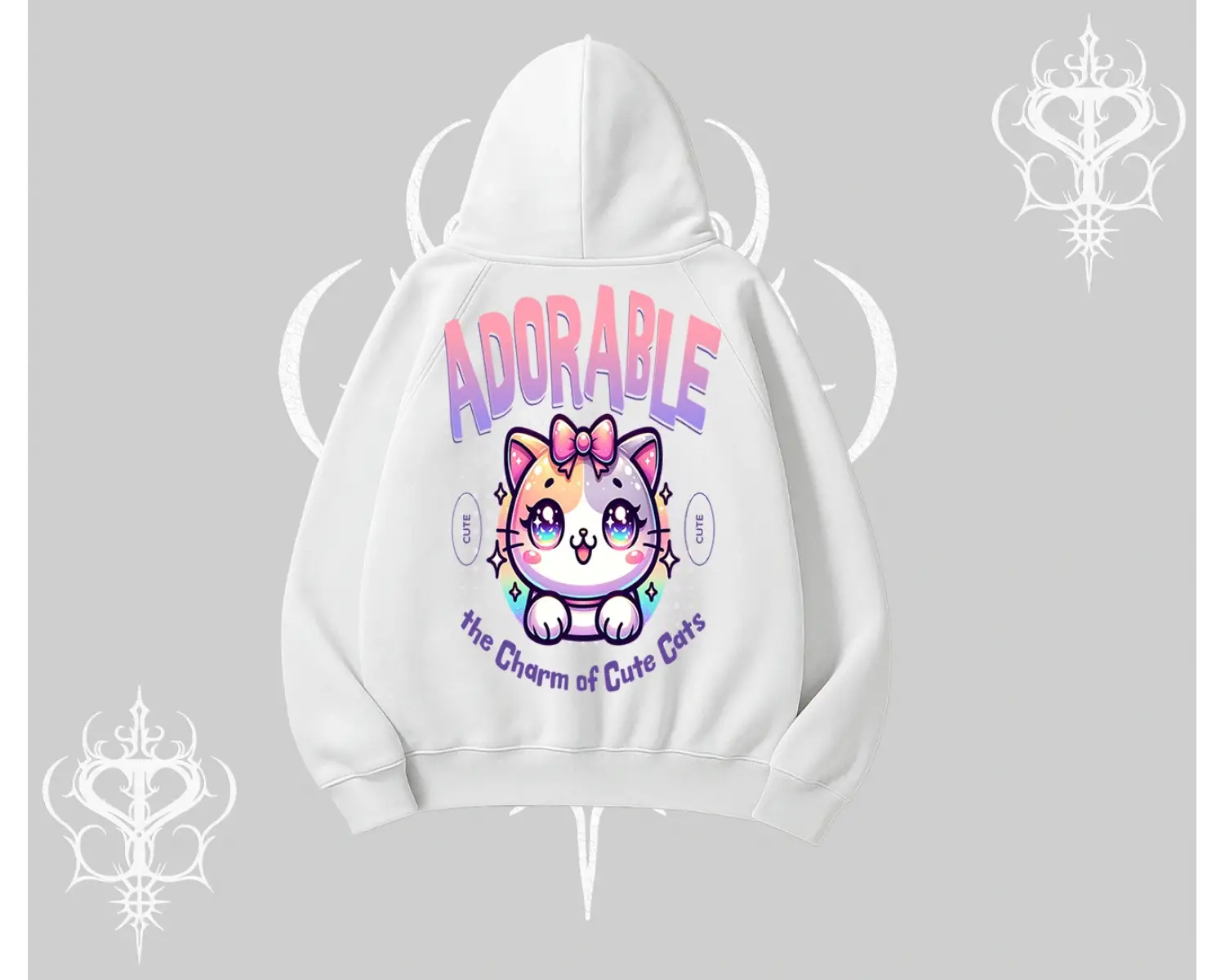 Adorable Kawaii Kedi Arka Baskılı Kapşonlu Sweatshirt