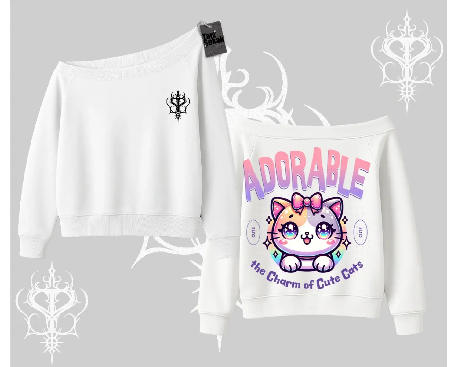 Adorable Kawaii Kedi Arka Baskılı Kayık Yaka Sweatshirt