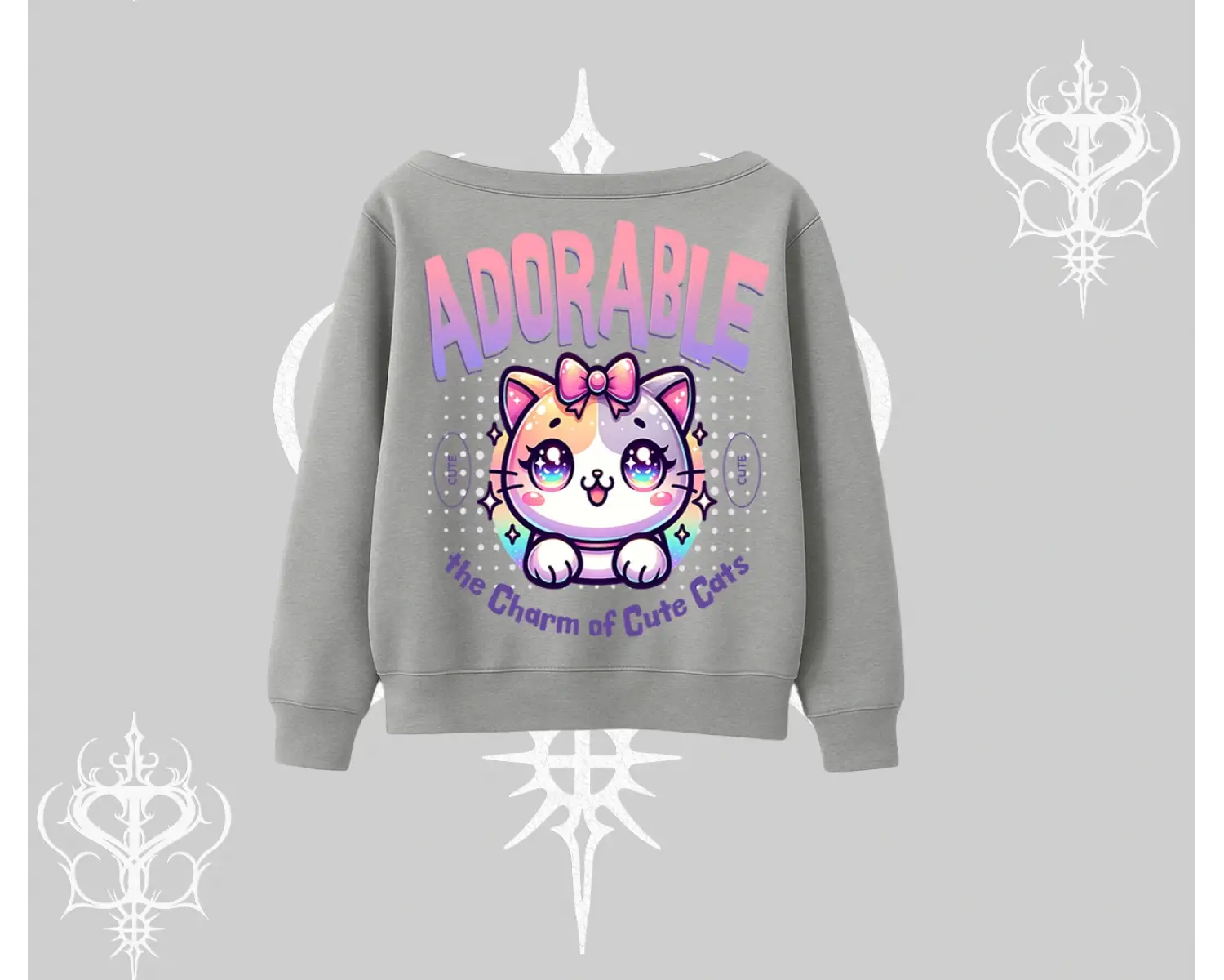 Adorable Kawaii Kedi Arka Baskılı Kayık Yaka Sweatshirt