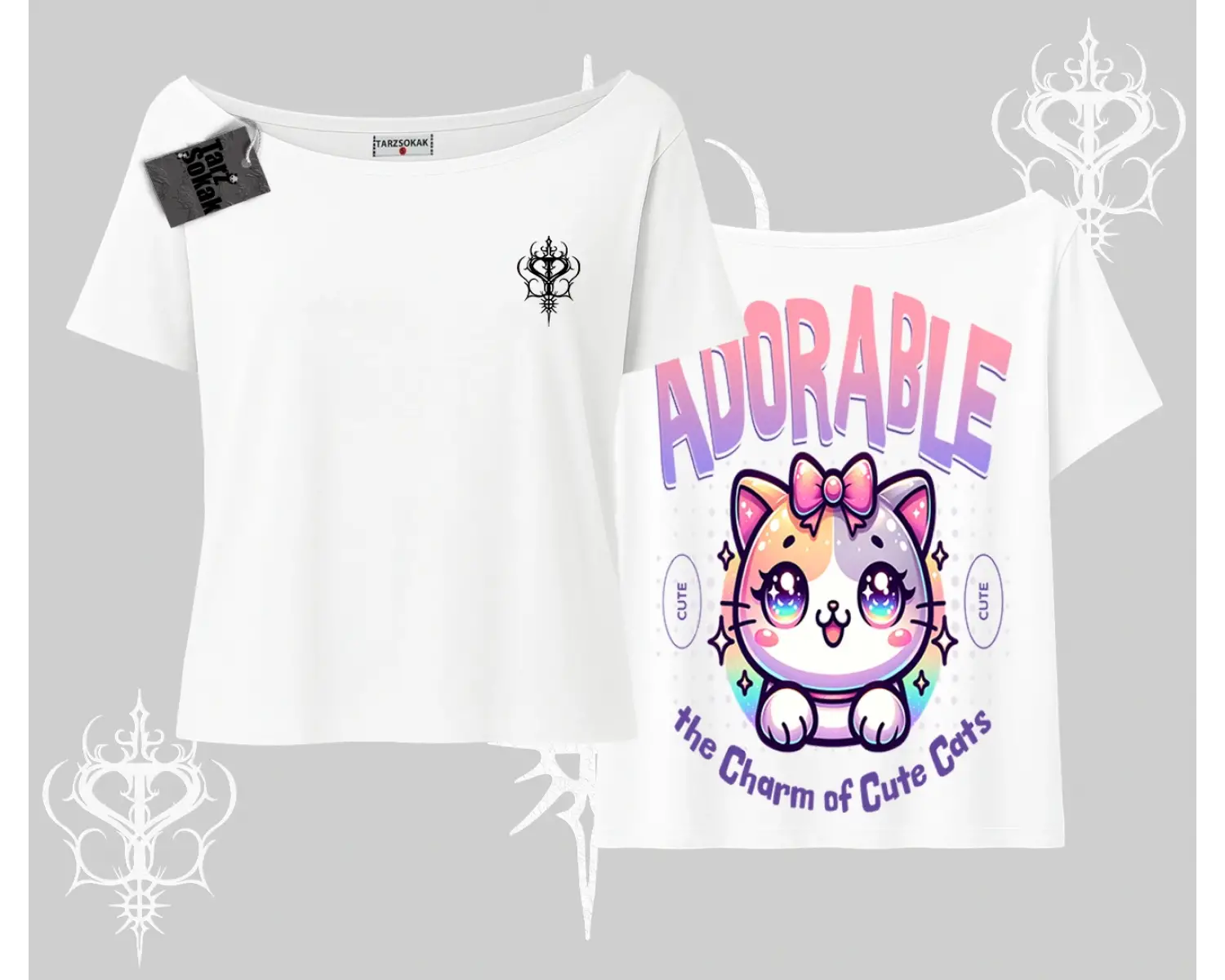 Adorable Kawaii Kedi Arka Baskılı Kayık Yaka Tshirt