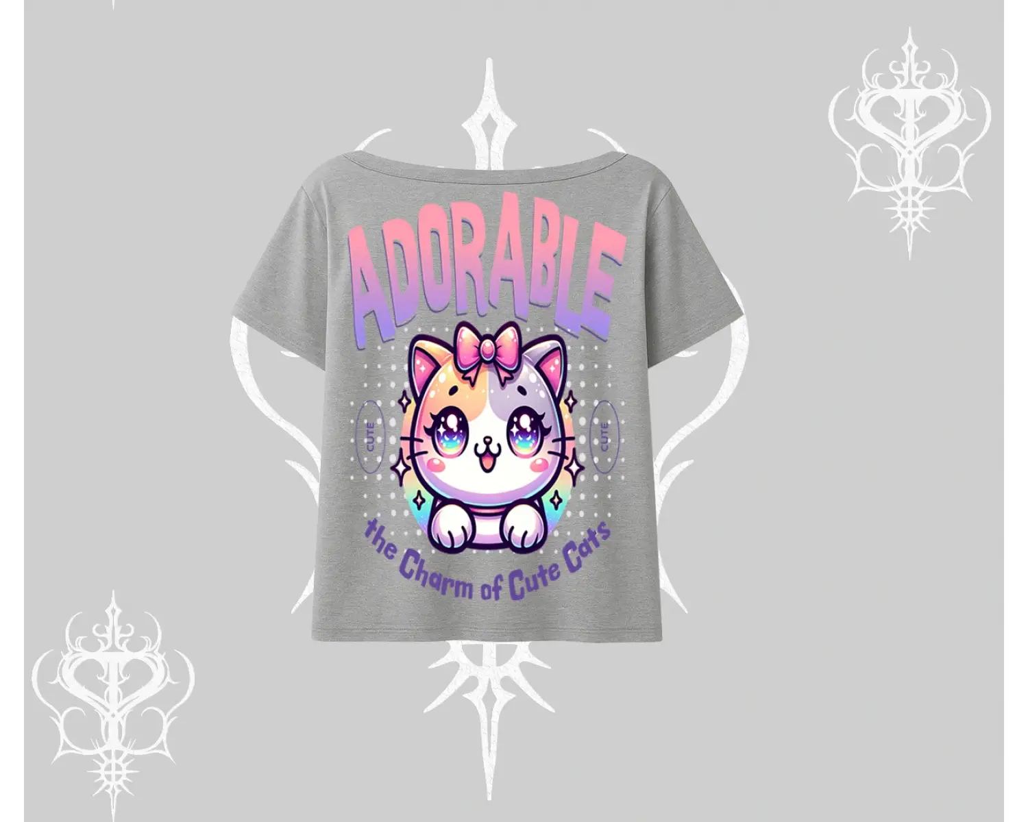 Adorable Kawaii Kedi Arka Baskılı Kayık Yaka Tshirt