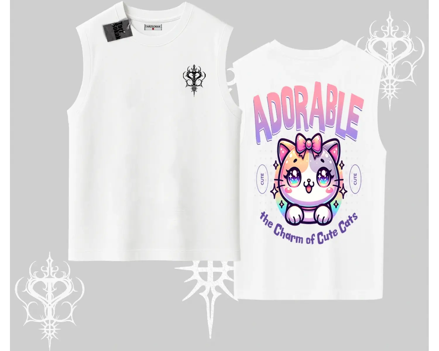Adorable Kawaii Kedi Arka Baskılı Kolsuz Tshirt