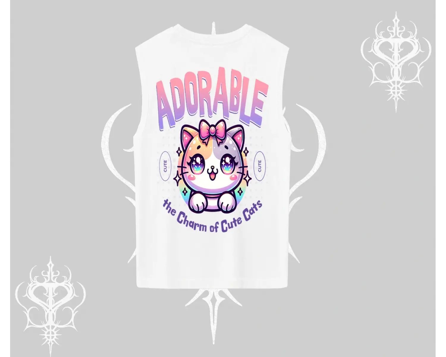 Adorable Kawaii Kedi Arka Baskılı Kolsuz Tshirt