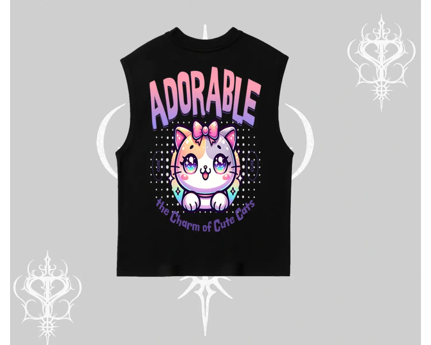 Adorable Kawaii Kedi Arka Baskılı Kolsuz Tshirt