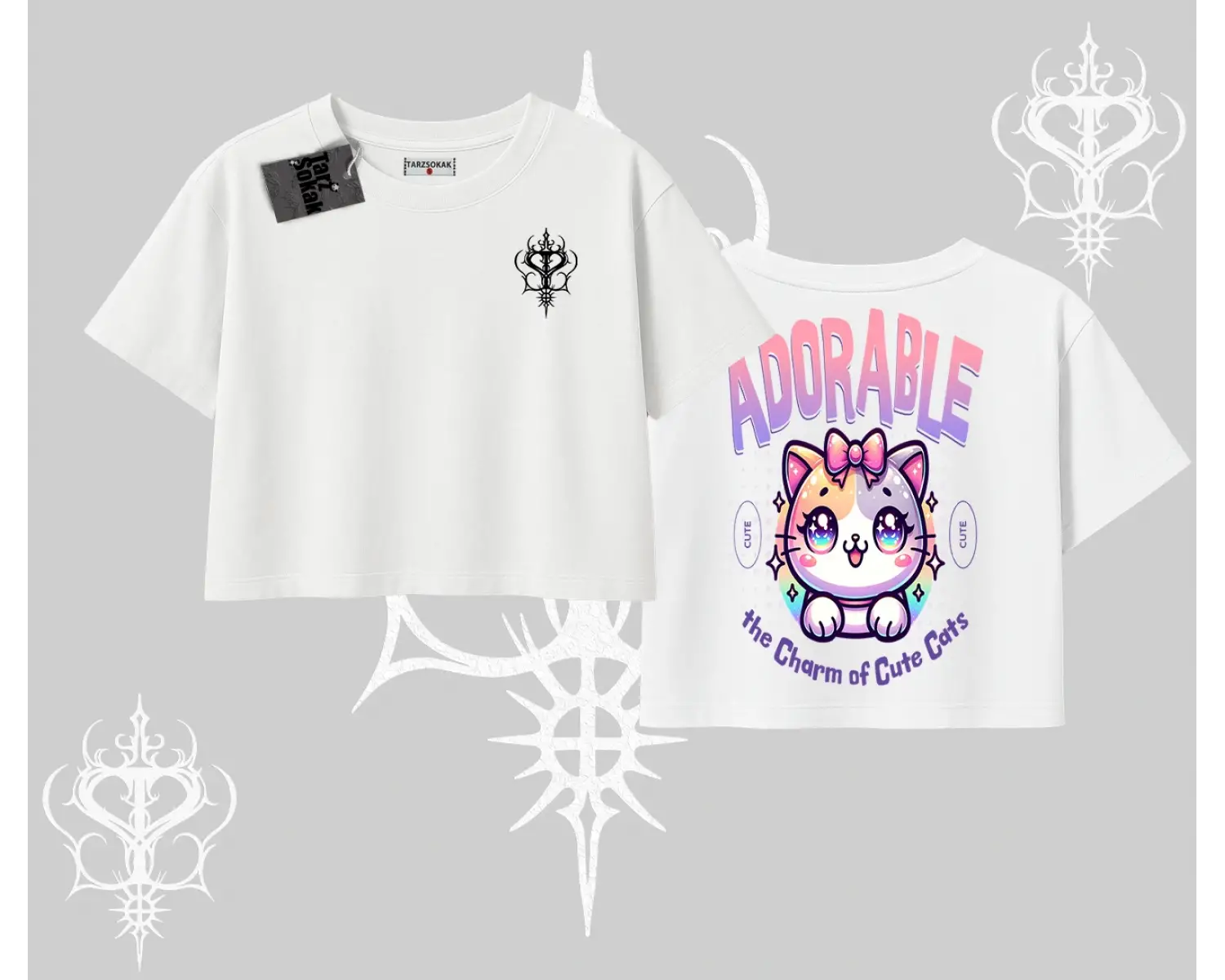 Adorable Kawaii Kedi Arka Baskılı Oversize Crop Tshirt