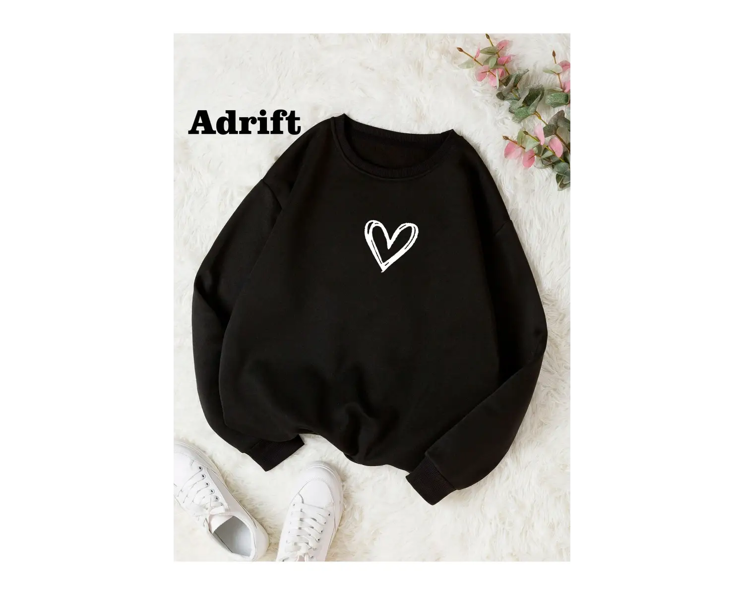Adrif Minimal Kalp Renkli Oversize Bisiklet Yaka Pamuklu Sweatshirt Beyaz