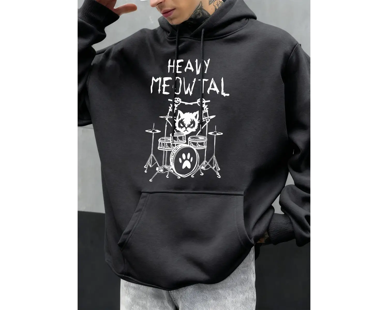 Ağır Meowtal kediler davul çalan komik tasarım erkekler kapüşonlu svetşörtler cepli kapüşonlu