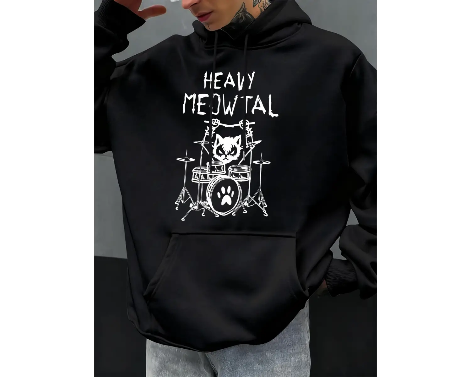 Ağır Meowtal kediler davul çalan komik tasarım erkekler kapüşonlu svetşörtler cepli kapüşonlu