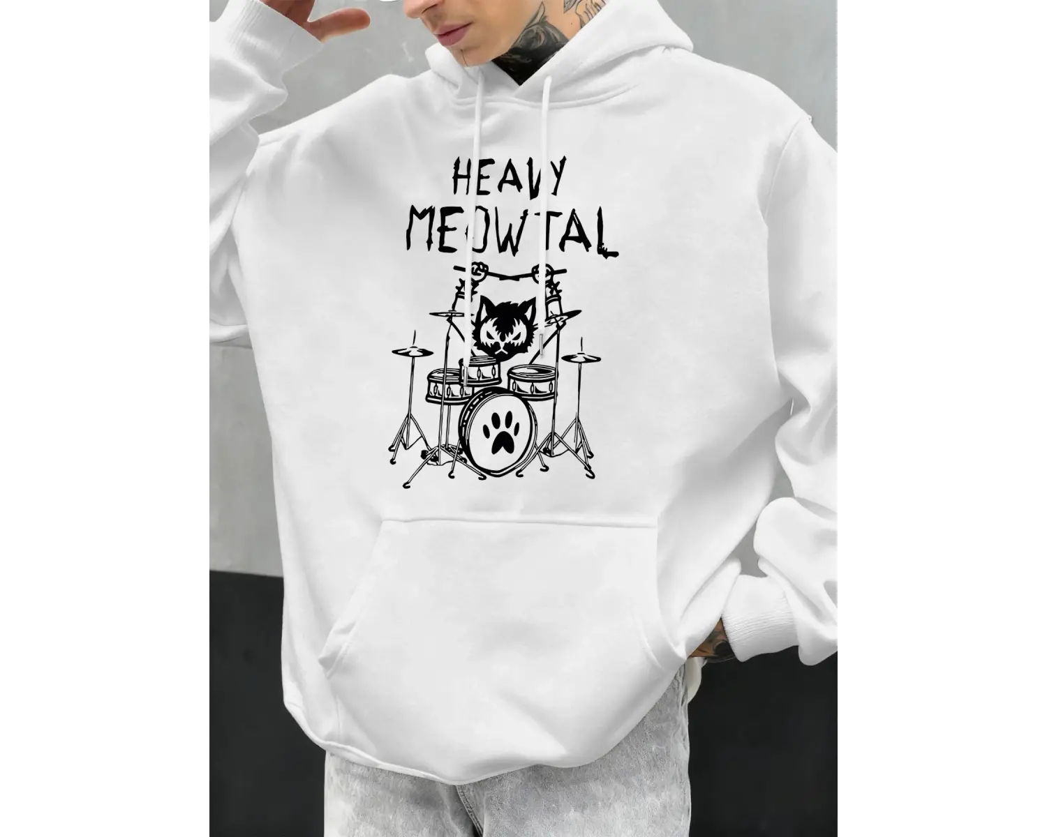 Ağır Meowtal kediler davul çalan komik tasarım erkekler kapüşonlu svetşörtler cepli kapüşonlu