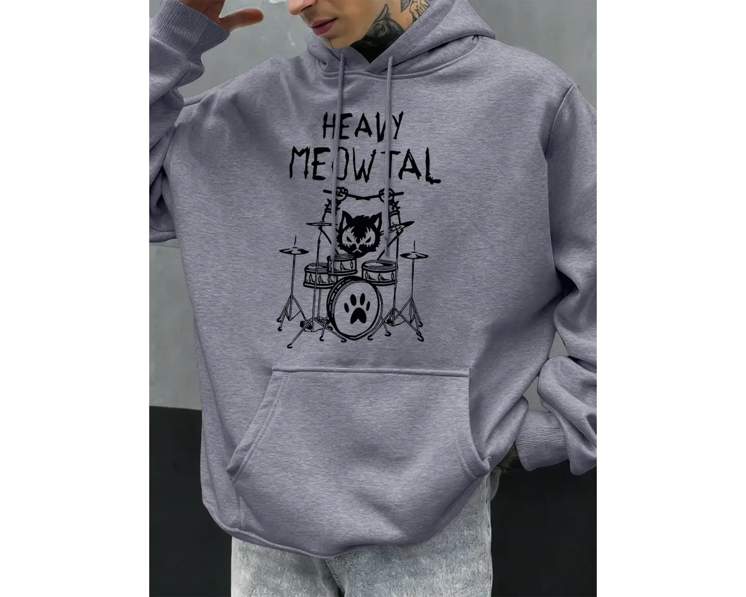 Ağır Meowtal kediler davul çalan komik tasarım erkekler kapüşonlu svetşörtler cepli kapüşonlu
