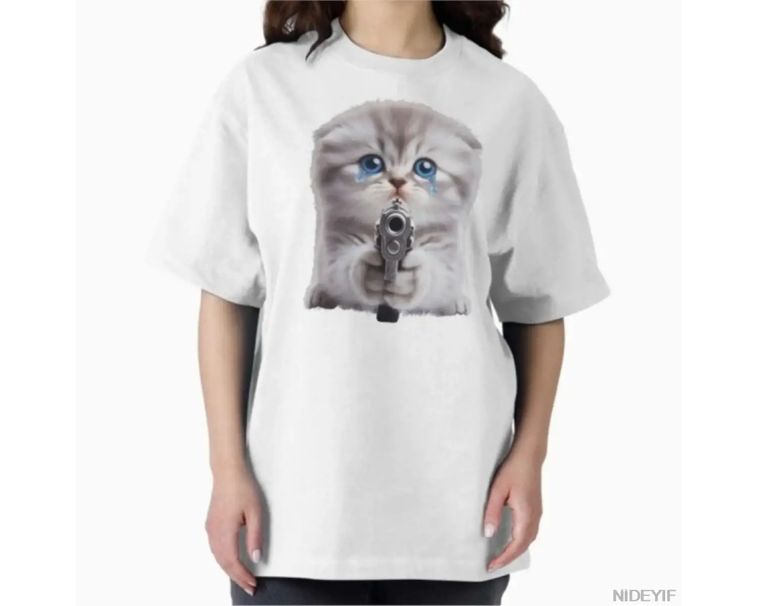 Ağlayan Kedi Silah Tutan Sad Meme T-shirt Erkekler Kadınlar Için % 100% Pamuk T Shirt Kısa Ko