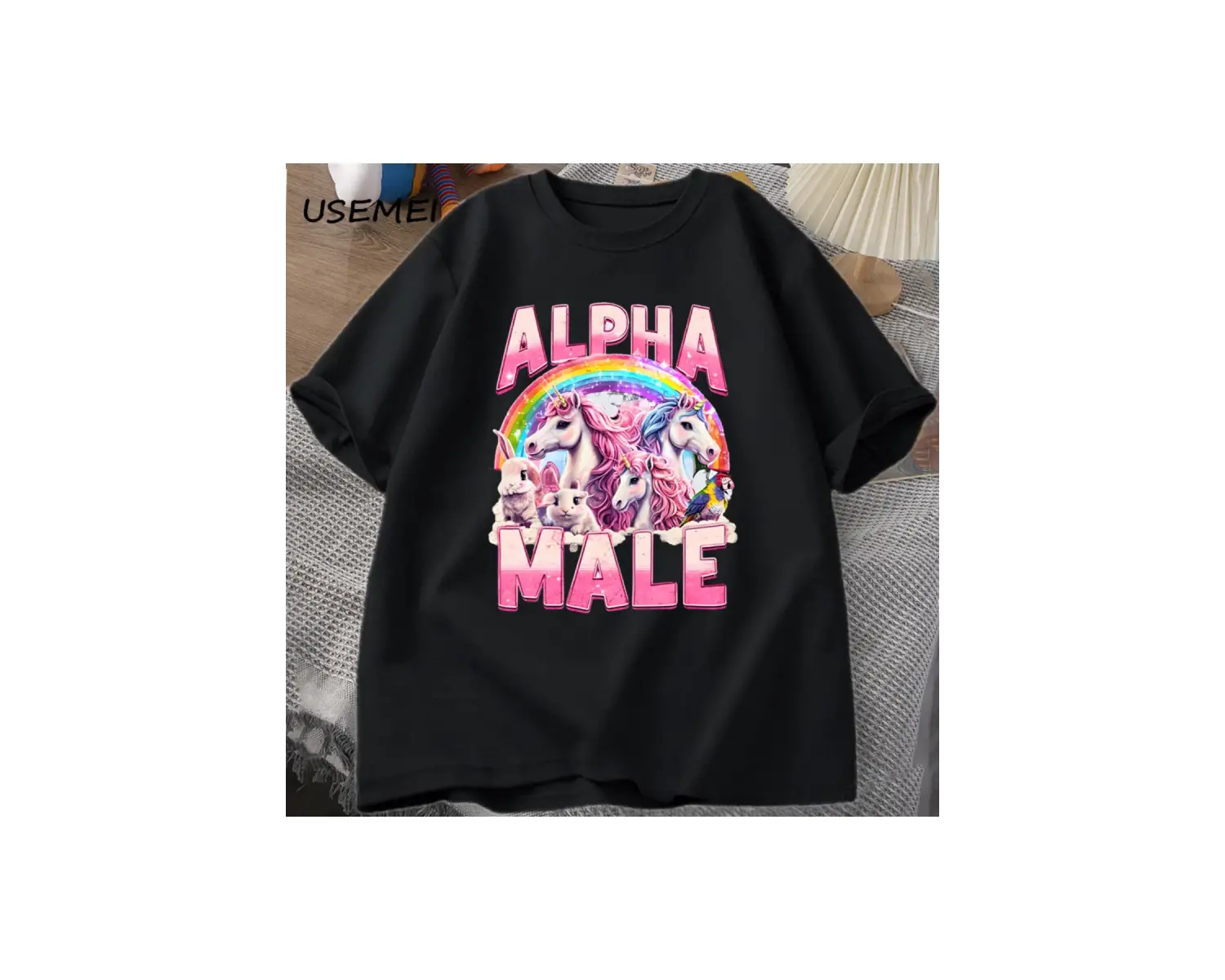 Alfa Erkek Unicorn İronik Vintage 90s T-Shirt Retro Komik Gökkuşağı Unisex Tshirt Pamuk Garip 2837