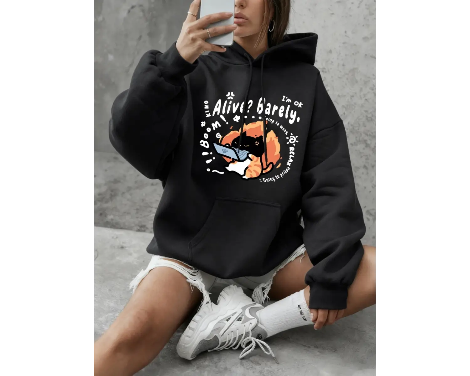 Alive Barely Cat Prints Hoodie Kadın Temel Ürünleri Bisiklet Yaka Kazak Günlük Bol Kazak Kışl