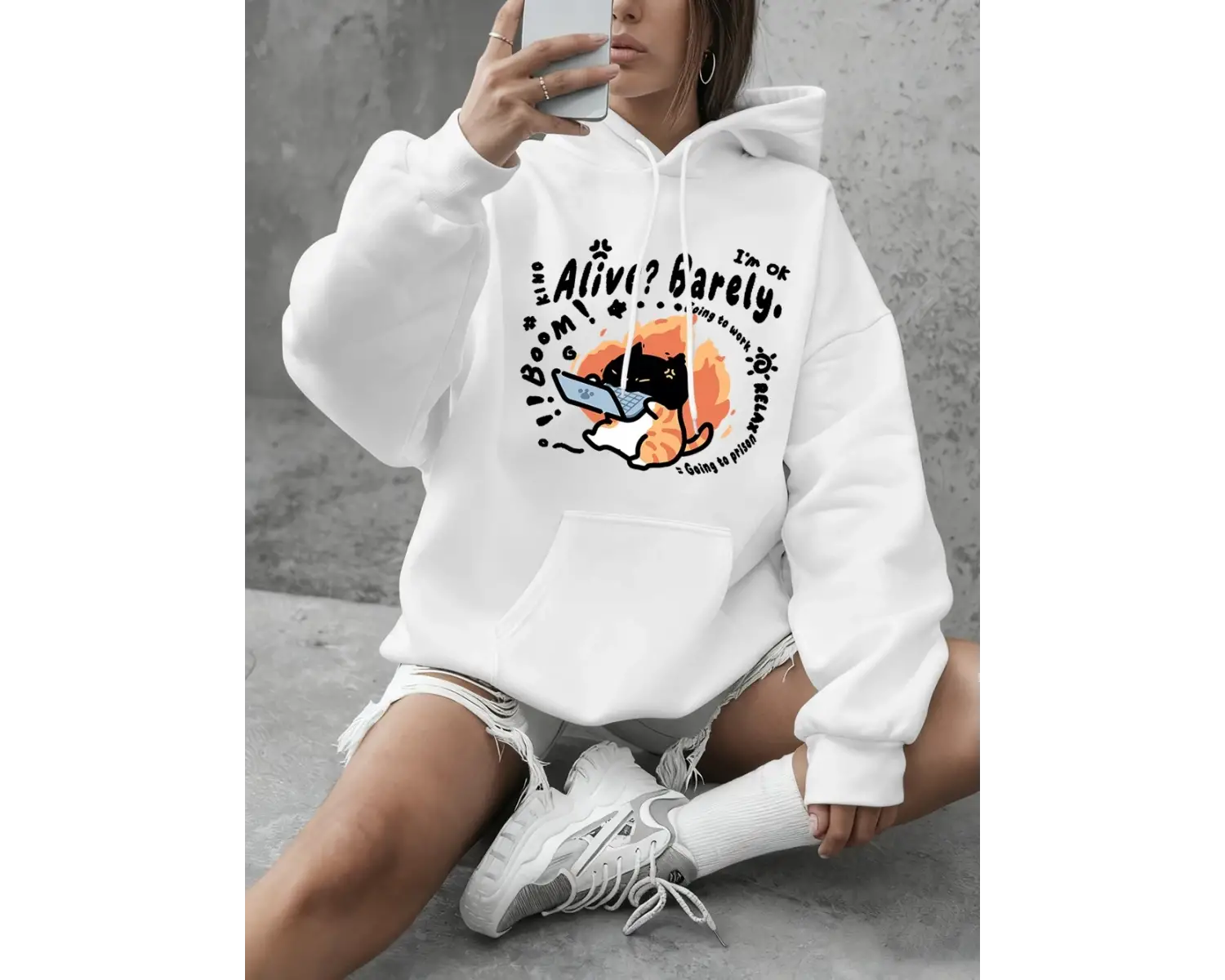 Alive Barely Cat Prints Hoodie Kadın Temel Ürünleri Bisiklet Yaka Kazak Günlük Bol Kazak Kışl