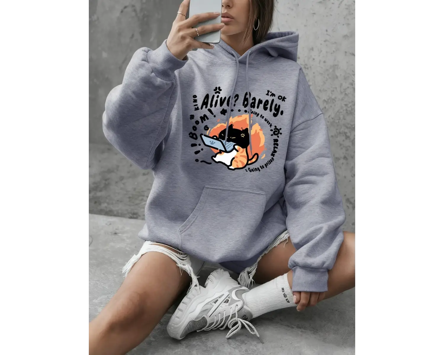 Alive Barely Cat Prints Hoodie Kadın Temel Ürünleri Bisiklet Yaka Kazak Günlük Bol Kazak Kışl