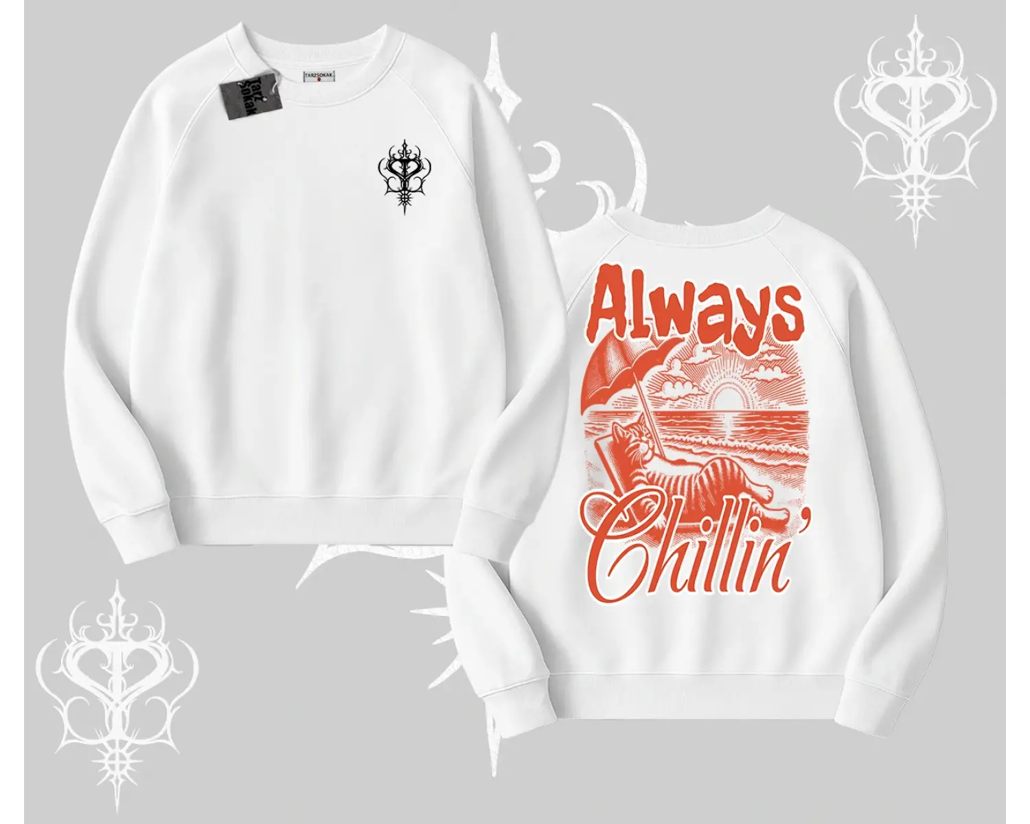 Always Chillin Kedi Arka Baskılı Biskilet Sweatshirt