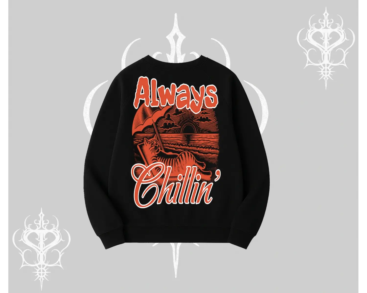 Always Chillin Kedi Arka Baskılı Biskilet Sweatshirt