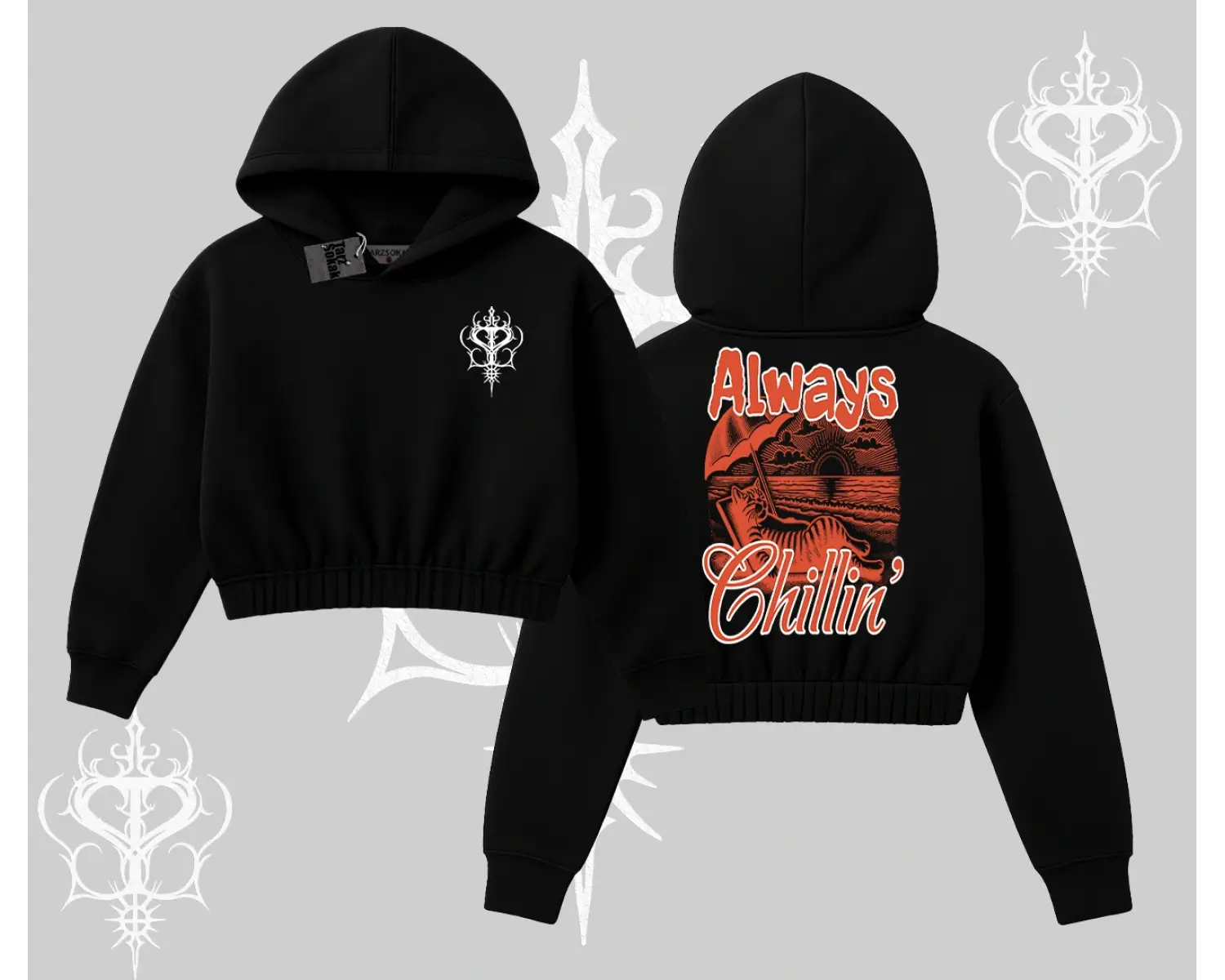 Always Chillin Kedi Arka Baskılı Kapşonlu Crop Sweatshirt