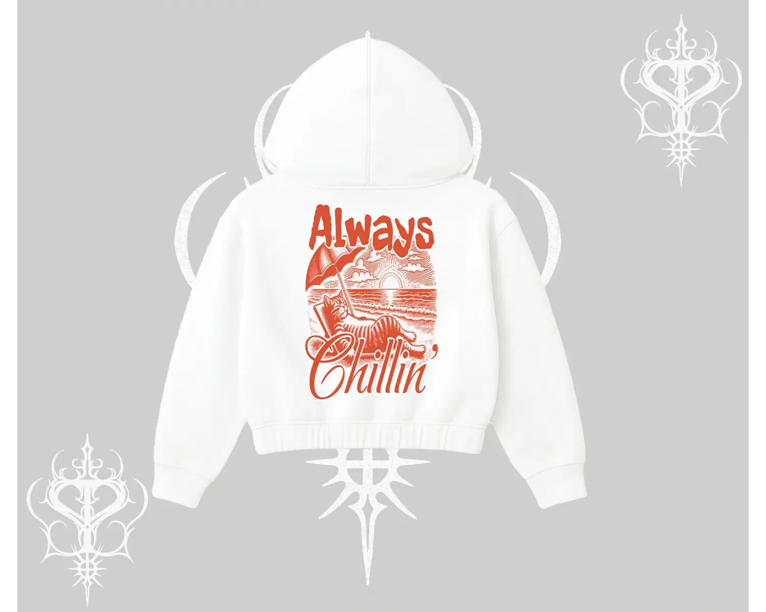Always Chillin Kedi Arka Baskılı Kapşonlu Crop Sweatshirt