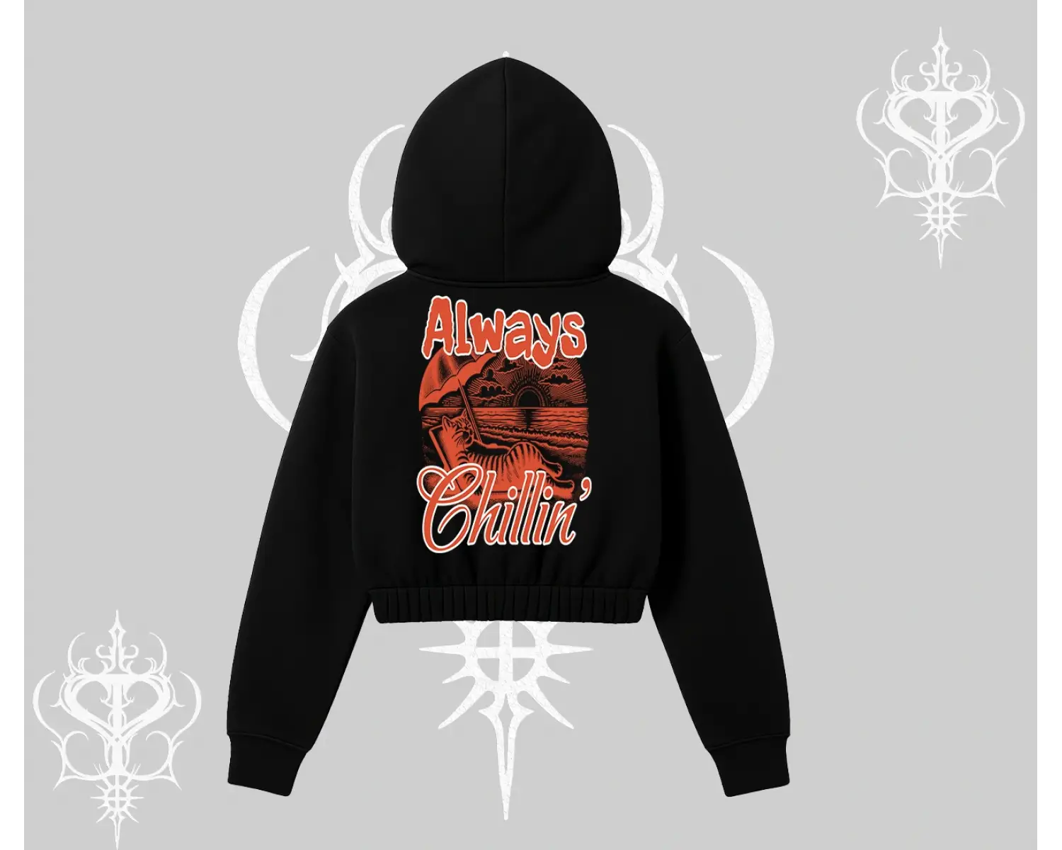 Always Chillin Kedi Arka Baskılı Kapşonlu Crop Sweatshirt