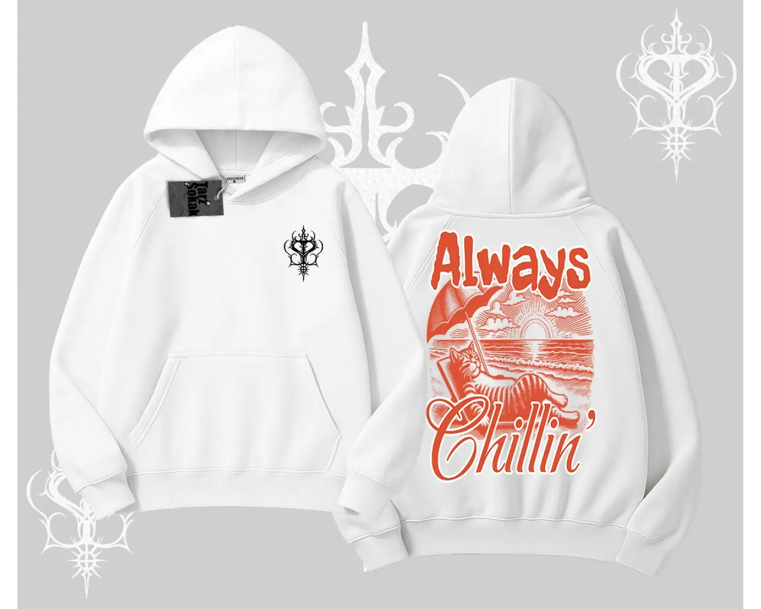 Always Chillin Kedi Arka Baskılı Kapşonlu Sweatshirt