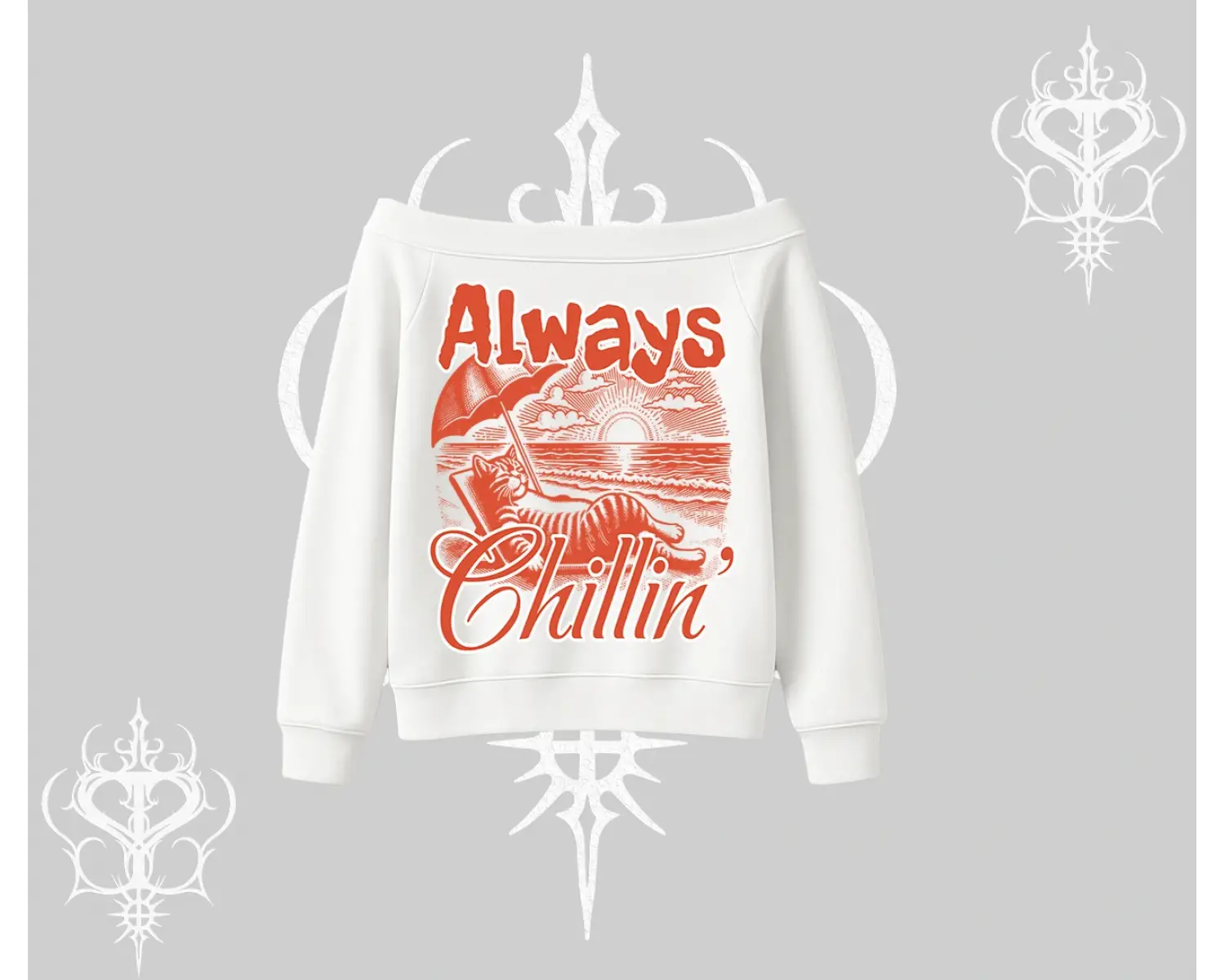 Always Chillin Kedi Arka Baskılı Kayık Yaka Sweatshirt