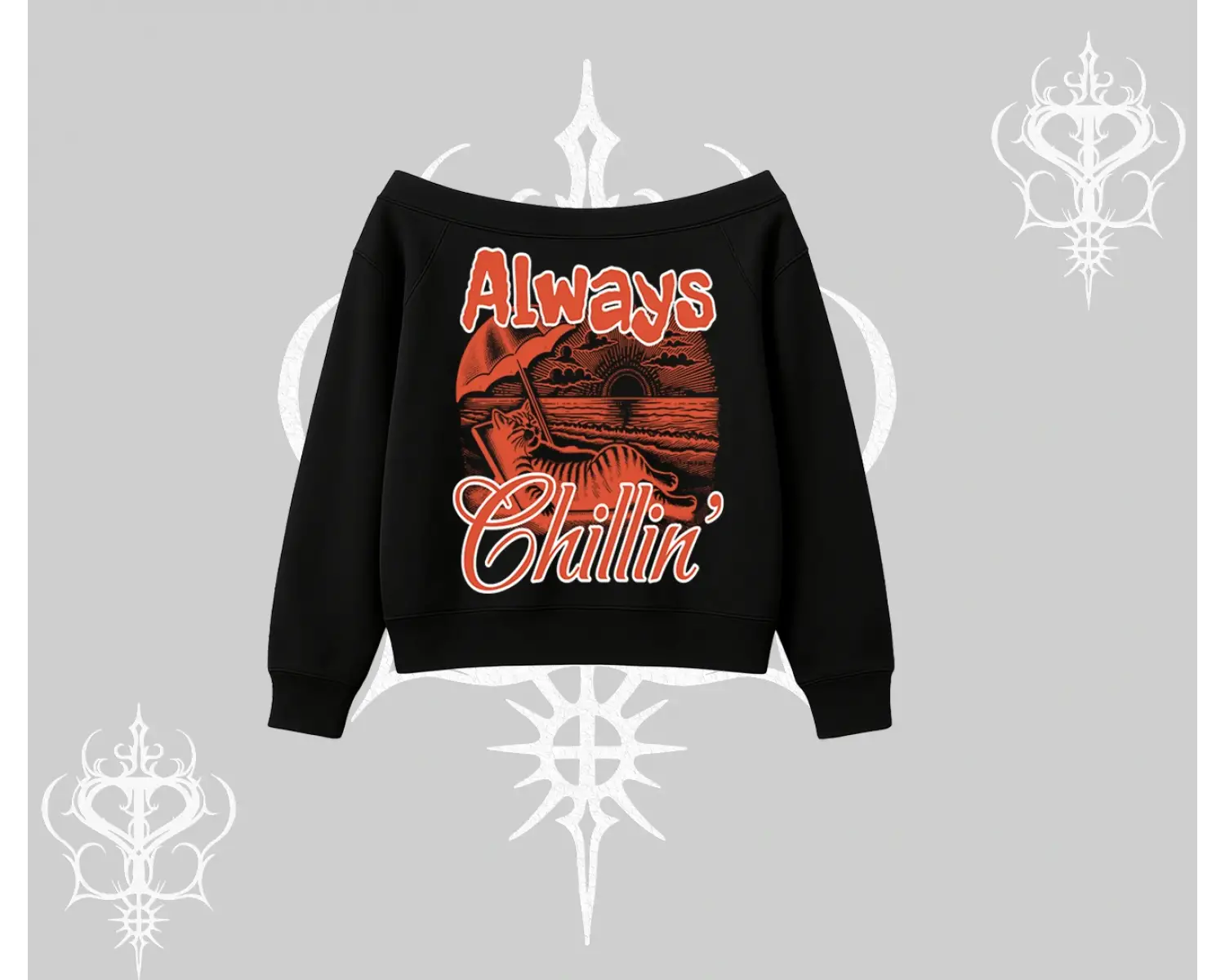 Always Chillin Kedi Arka Baskılı Kayık Yaka Sweatshirt