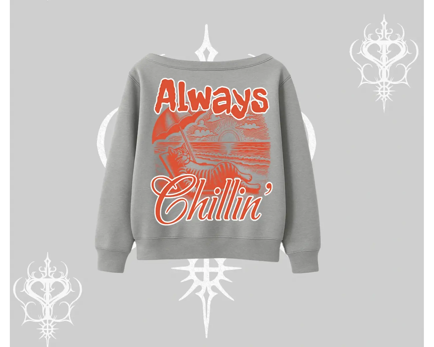 Always Chillin Kedi Arka Baskılı Kayık Yaka Sweatshirt