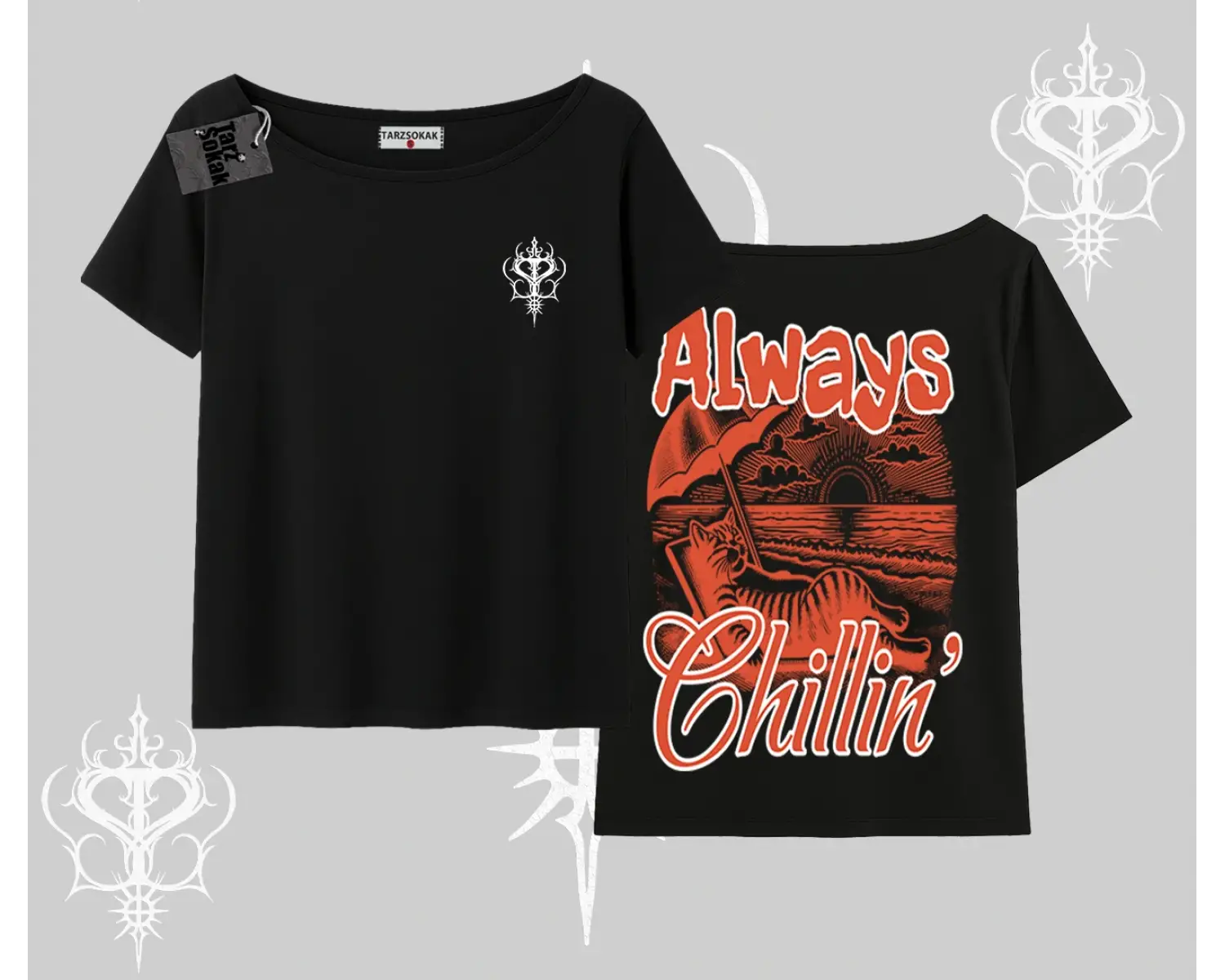 Always Chillin Kedi Arka Baskılı Kayık Yaka Tshirt