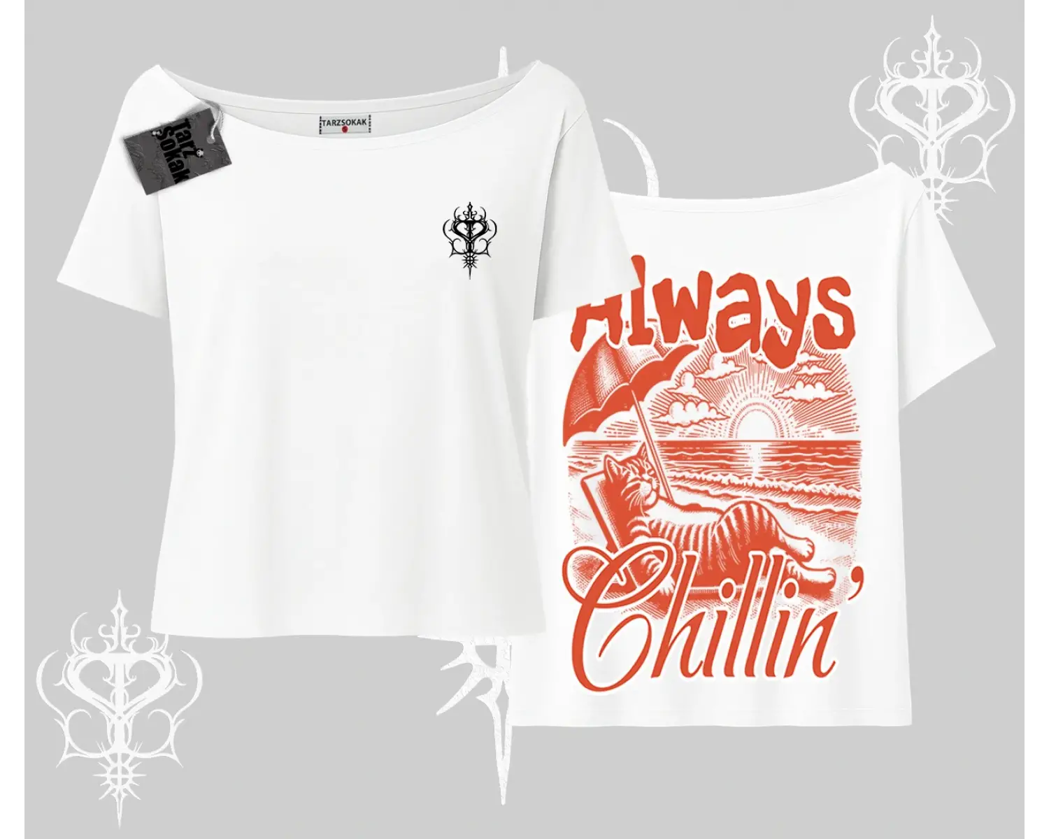 Always Chillin Kedi Arka Baskılı Kayık Yaka Tshirt