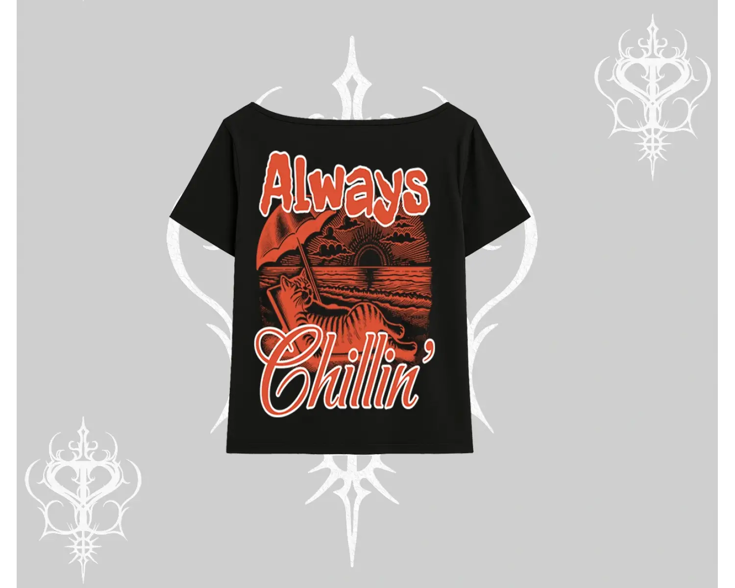 Always Chillin Kedi Arka Baskılı Kayık Yaka Tshirt