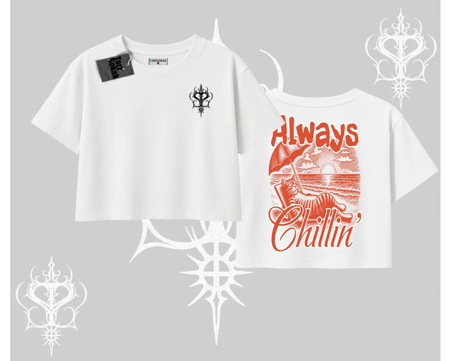 Always Chillin Kedi Arka Baskılı Oversize Crop Tshirt