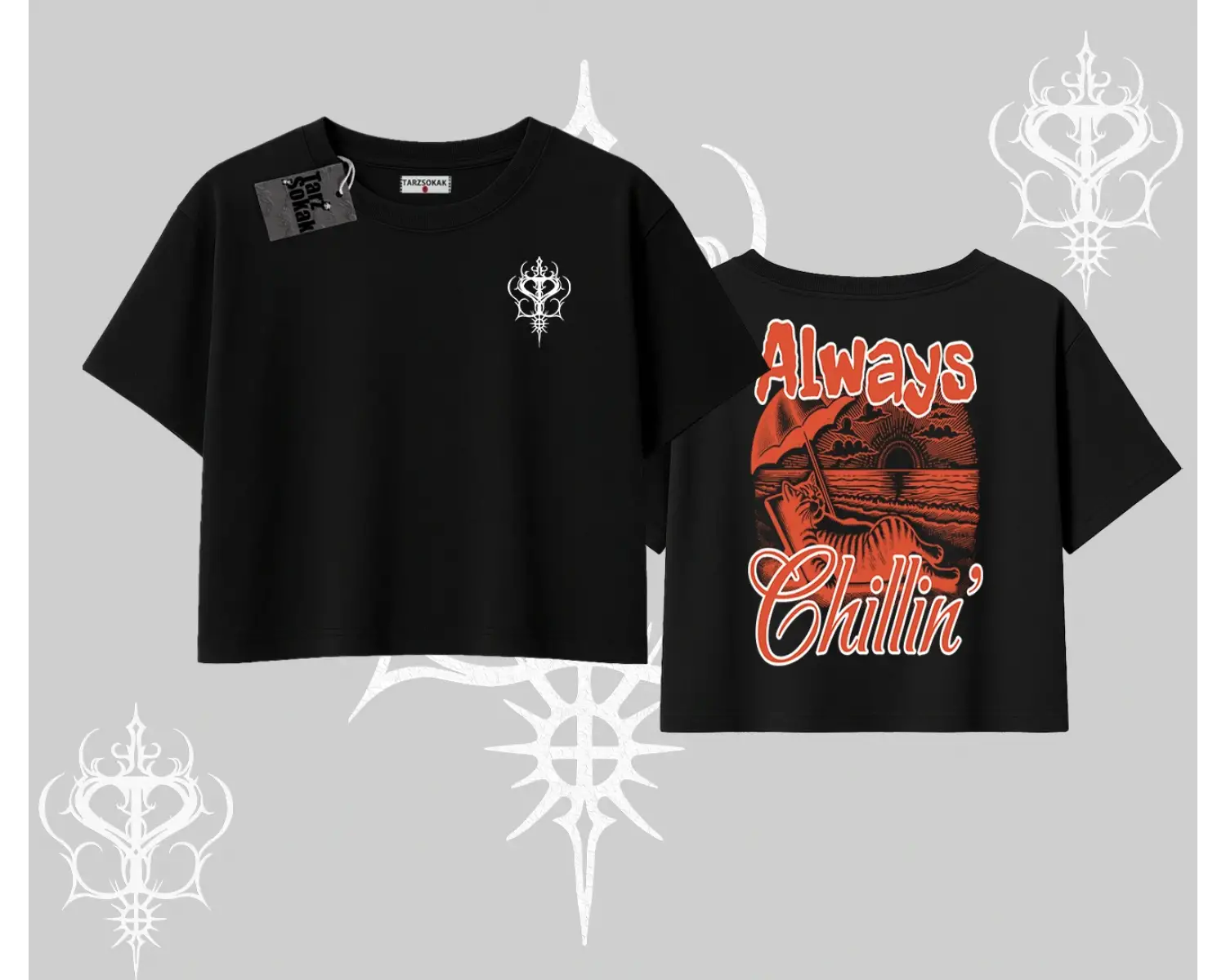 Always Chillin Kedi Arka Baskılı Oversize Crop Tshirt