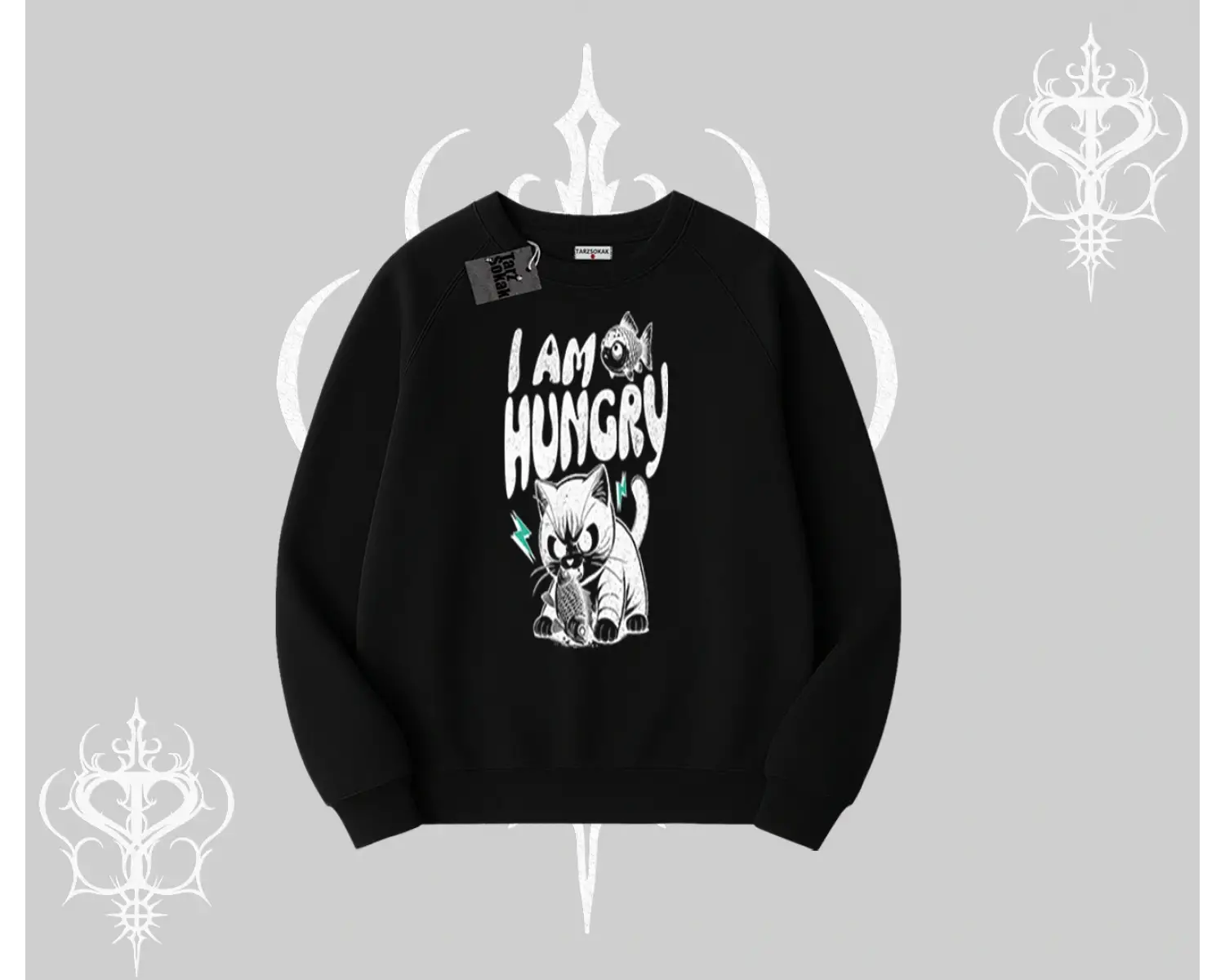 Am Hungry Kedi Baskılı Biskilet Sweatshirt