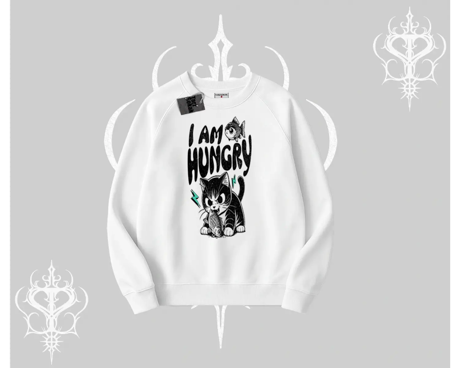 Am Hungry Kedi Baskılı Biskilet Sweatshirt