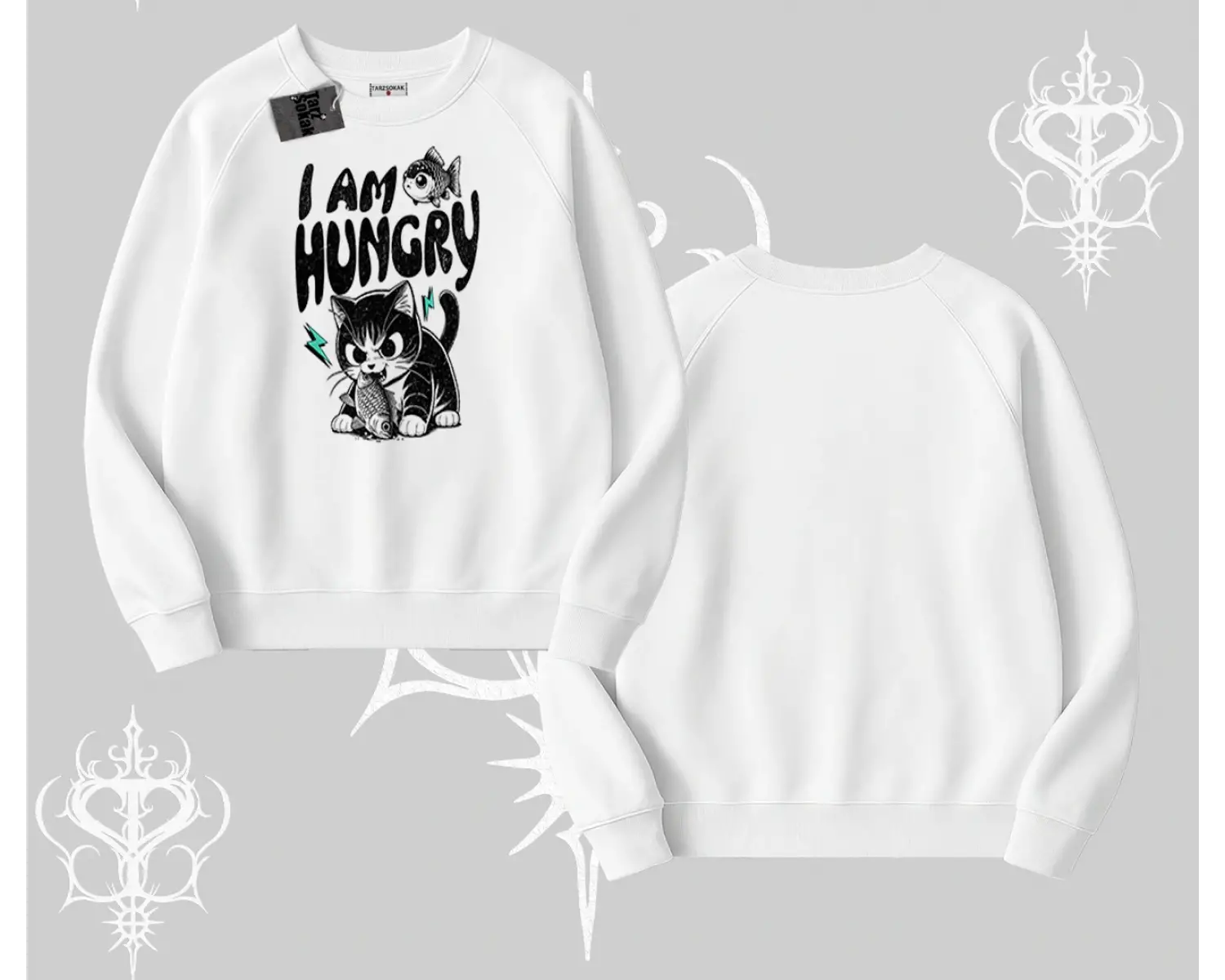 Am Hungry Kedi Baskılı Biskilet Sweatshirt
