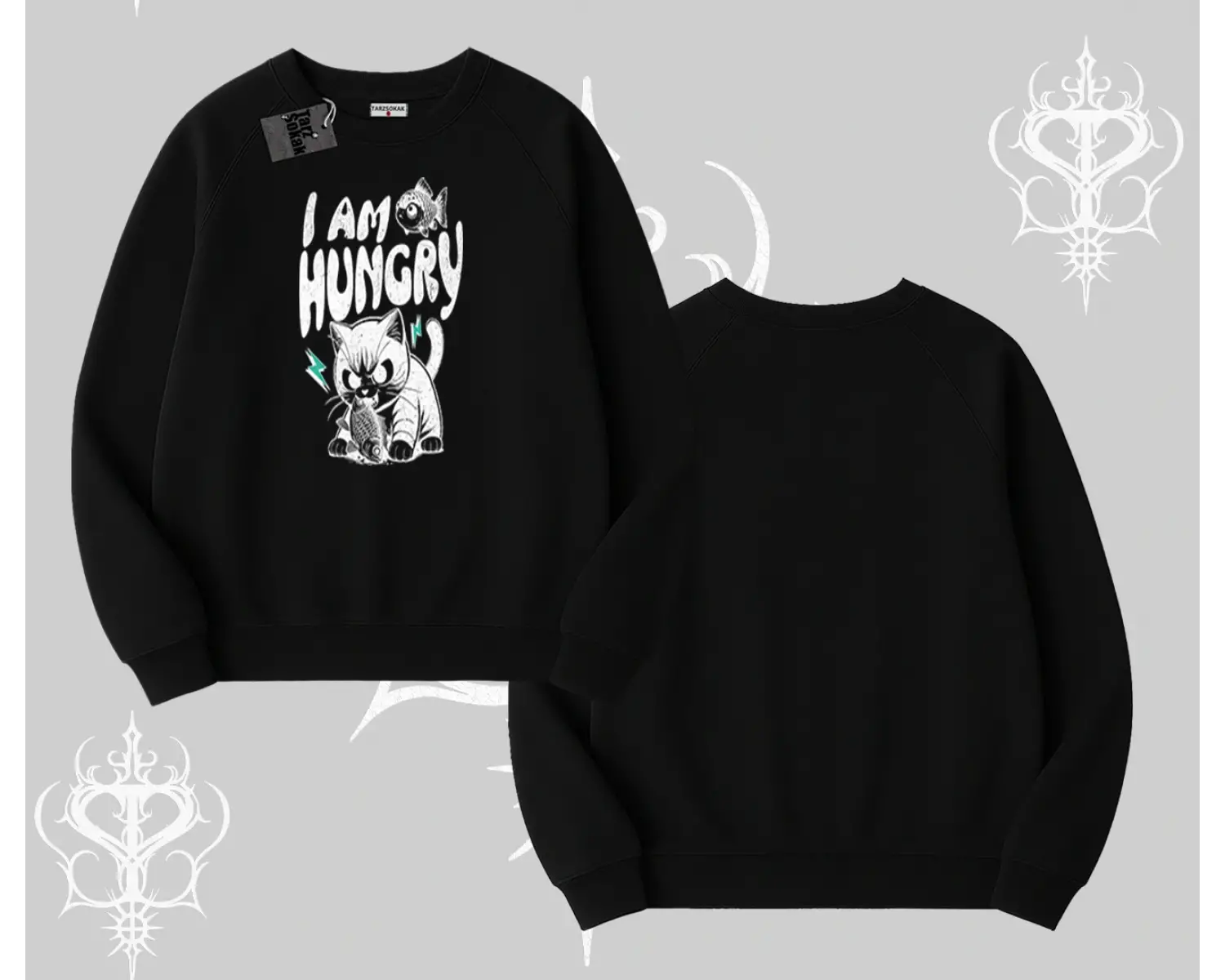 Am Hungry Kedi Baskılı Biskilet Sweatshirt