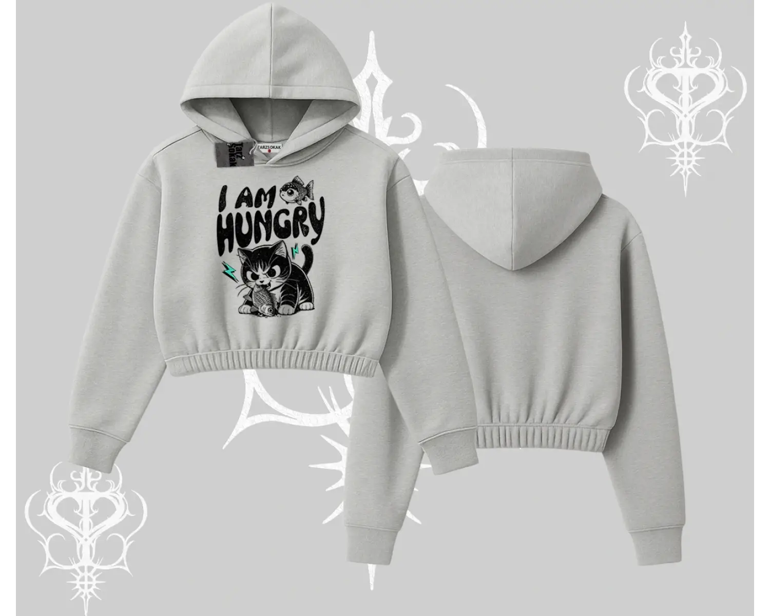 Am Hungry Kedi Baskılı Kapşonlu Crop Sweatshirt