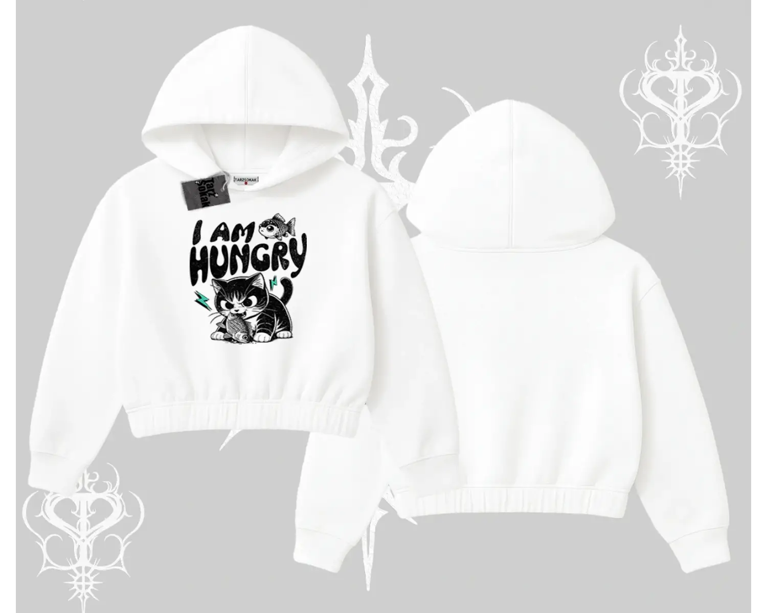 Am Hungry Kedi Baskılı Kapşonlu Crop Sweatshirt