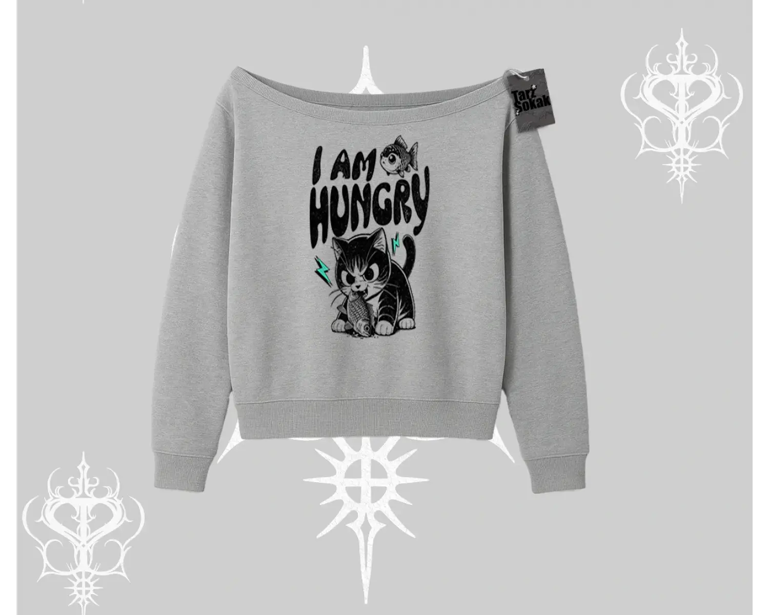 Am Hungry Kedi Baskılı Kayık Yaka Sweatshirt
