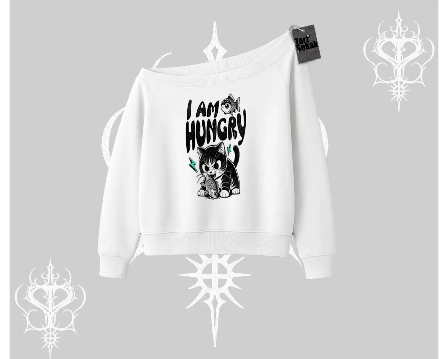 Am Hungry Kedi Baskılı Kayık Yaka Sweatshirt