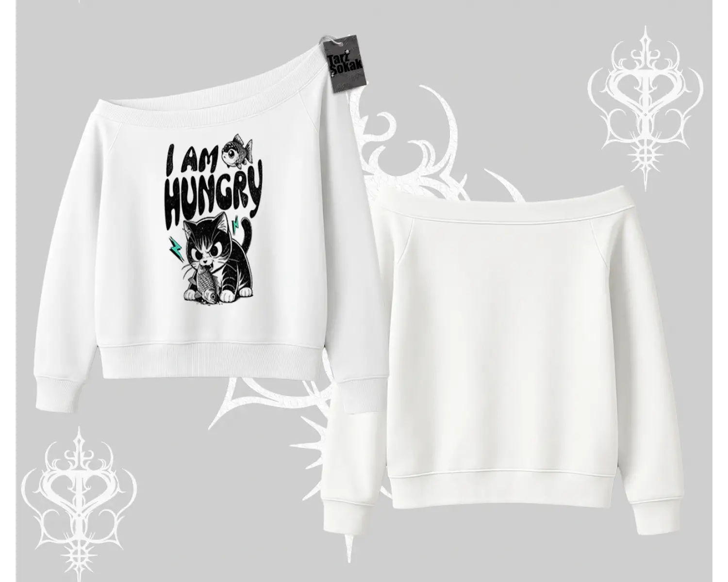 Am Hungry Kedi Baskılı Kayık Yaka Sweatshirt