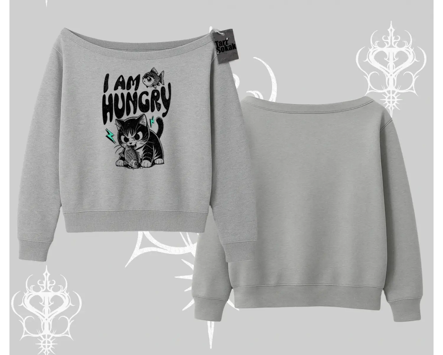 Am Hungry Kedi Baskılı Kayık Yaka Sweatshirt